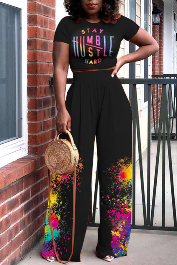 Black Fashion Casual Print Basic O Neck Short Sleeve Two Pieces