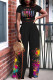 Black Fashion Casual Print Basic O Neck Short Sleeve Two Pieces
