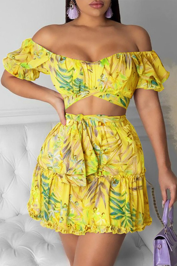 Yellow Sexy Print Patchwork Off the Shoulder Short Sleeve Two Pieces