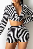 Baby Blue Sexy Striped Patchwork Turndown Collar Long Sleeve Two Pieces