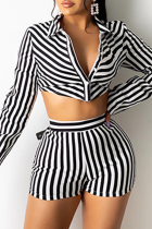 Black Sexy Striped Split Joint Turndown Collar Long Sleeve Two Pieces