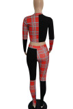Red Street Plaid Print Split Joint O Neck Long Sleeve Two Pieces