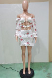 White Fashion Sexy Print Bandage Backless Square Collar Long Sleeve Two Pieces