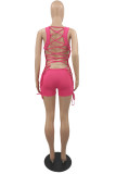 Pink Sexy Casual Solid Bandage Backless U Neck Skinny Romper