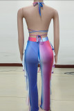 Blue Fashion Sexy Print Backless Strap Design Halter Sleeveless Three-piece Set