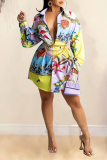 Colour Casual Print Patchwork Turndown Collar Cake Skirt Dresses