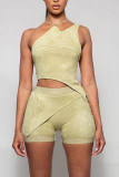 Apricot Sexy Solid Patchwork Frenulum Asymmetrical Asymmetrical Collar Sleeveless Two Pieces