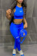 Blue Casual Letter Print Patchwork O Neck Sleeveless Two Pieces