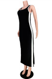 Black Fashion Casual Patchwork Slit U Neck Vest Dress