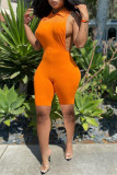 Orange Fashion Sexy Solid Hollowed Out Backless Turndown Collar Skinny Romper