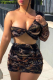 Black Sexy Print Patchwork One Shoulder Long Sleeve Two Pieces