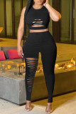 Red Sexy Casual Solid Ripped Vests Pants O Neck Sleeveless Two Pieces