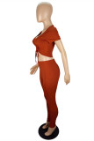 Tangerine Red Fashion Casual Solid Draw String V Neck Short Sleeve Two Pieces