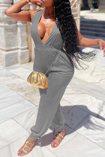 Grey Sexy Solid Split Joint V Neck Harlan Jumpsuits