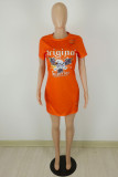 Orange Fashion Casual Print Ripped O Neck Short Sleeve T-shirt Dress