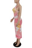 Pink Elegant Print Patchwork Cardigan Asymmetrical Collar Pencil Skirt Dresses
