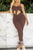 Camel Fashion Sexy Solid Hollowed Out Backless Fold Spaghetti Strap Skinny Jumpsuits