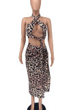 Brown Sexy Print Bandage Hollowed Out Patchwork Metal Accessories Decoration Halter Sleeveless Two Pieces
