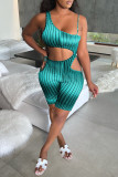 Turquoise Fashion Sexy Print Hollowed Out Backless Spaghetti Strap Skinny Romper