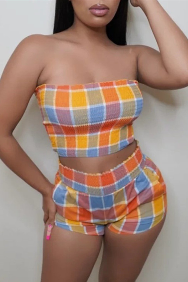 Orange Sexy Casual Plaid Print Backless Strapless Sleeveless Two Pieces