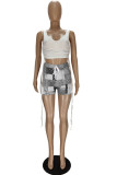 Grey Sexy Print Ripped Contrast Spaghetti Strap Sleeveless Two Pieces