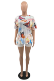 White Casual Print Patchwork O Neck T-Shirts