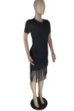 Pink Fashion Casual Solid Tassel O Neck Short Sleeve Dress