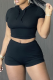 Black Sportswear Solid Patchwork Hooded Collar Short Sleeve Two Pieces