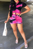Rose Red Fashion Tie Dye Printing O Neck Short Sleeve Two Pieces