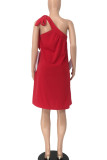 Red Sexy Solid Bandage Patchwork Oblique Collar Irregular Dress Dresses