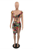 Multicolor Fashion Sexy Print Backless Asymmetrical V Neck Two Pieces