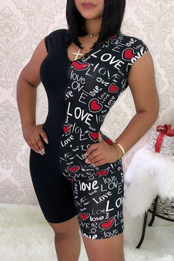 Black Sexy Letter Patchwork Chains Turndown Collar Regular Rompers