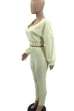 Beige Casual Solid Patchwork V Neck Long Sleeve Two Pieces