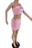Pink Fashion Sexy Print Backless Strap Design Strapless Sleeveless Three-piece Set