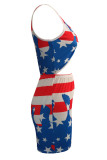 Red Blue Fashion Sexy Print Hollowed Out V Neck Skinny Romper