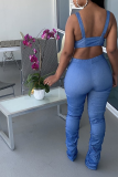Blue Sexy Solid Fold V Neck Sleeveless Two Pieces