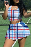 Orange Casual Sportswear Plaid Print Vests U Neck Sleeveless Two Pieces