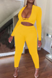 Yellow Sexy Solid Hollowed Out Patchwork V Neck Long Sleeve Two Pieces