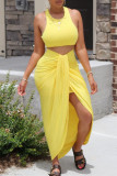Orange Fashion Casual Solid Asymmetrical O Neck Sleeveless Two Pieces