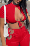 Red Fashion Sexy Solid Bandage Hollowed Out Half A Turtleneck Short Sleeve Two Pieces