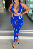 Rose Red Fashion Sexy Print Bandage Backless Halter Sleeveless Two Pieces