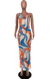 Orange Sexy Print Patchwork Spaghetti Strap A Line Dresses