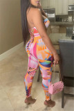 Pink Fashion Sexy Print Backless Strapless Skinny Jumpsuits