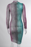 Green Sexy Striped Print Split Joint O Neck Long Sleeve Dresses
