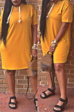 Yellow Fashion Casual Solid Basic Hooded Collar Short Sleeve Dress