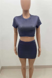 Grey Fashion Casual Solid Basic O Neck Short Sleeve Two Pieces