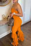 Tangerine Red Sexy Solid Flounce Spaghetti Strap Boot Cut Jumpsuits