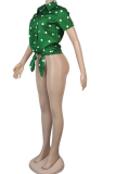 Green Casual Dot Patchwork Turndown Collar Tops