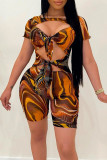 Multicolor Sexy Print Bandage Hollowed Out Split Joint Knotted O Neck Skinny Jumpsuits