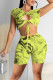Yellow Sexy Print Hollowed Out Patchwork Frenulum O Neck Short Sleeve Two Pieces